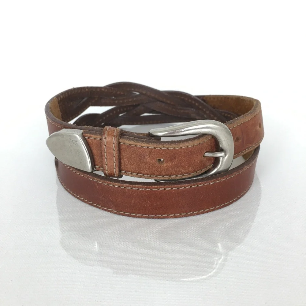 Genuine Leather Braided Belt Thin Brown Preppy Minimalist Western